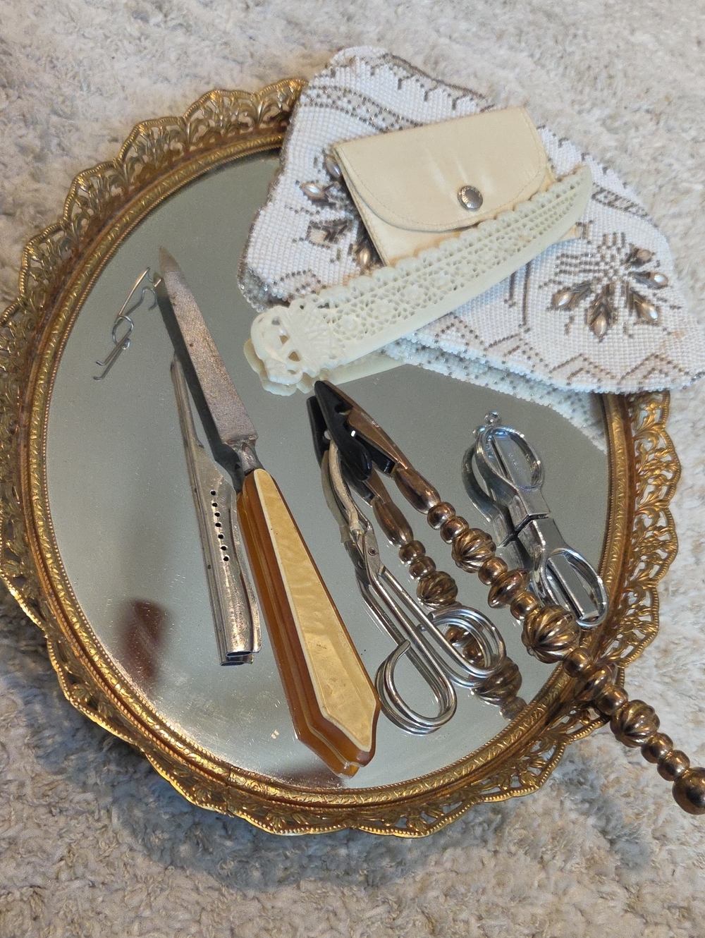 Vintage Dressing Tabke Accessories/Sequined Cream Clutch Bag with Satin Lining